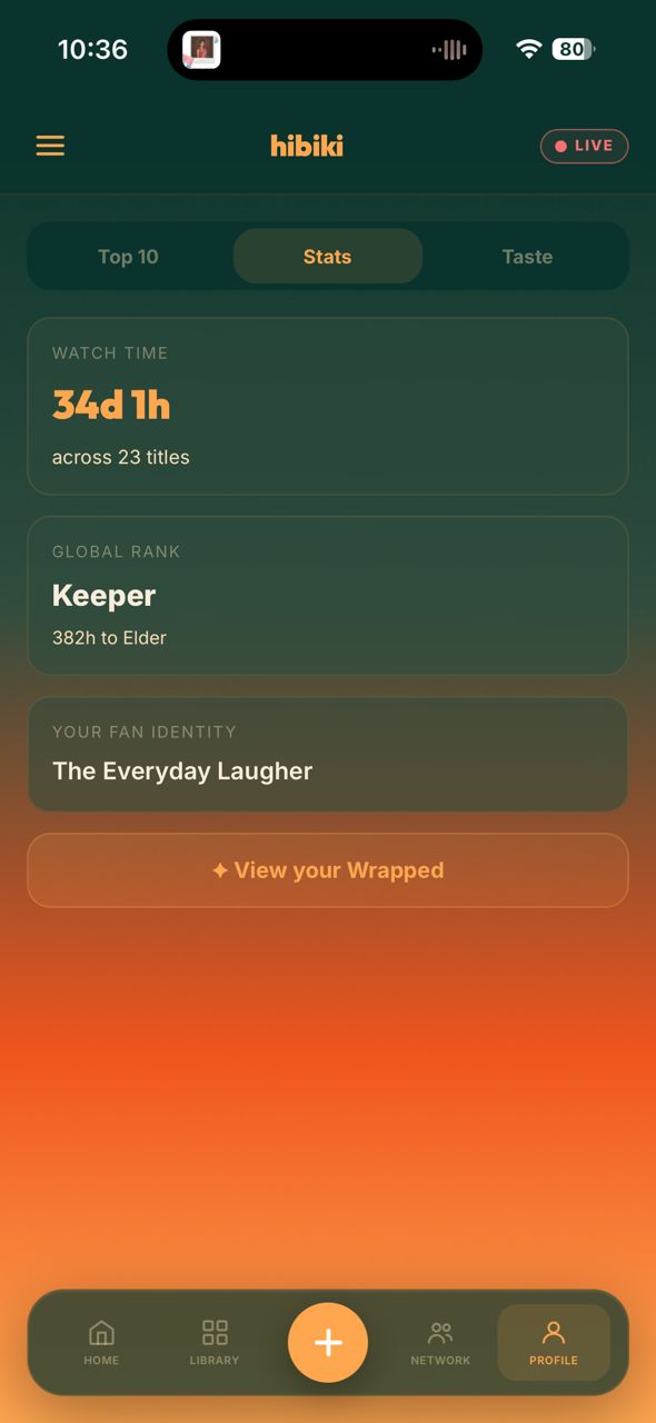 Profile tab showing taste and stats
